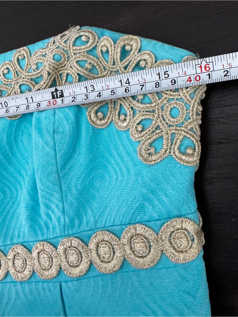 Lilly Pulitzer Betsey Strapless Wave Jacquard Dress Aqua Blue Gold Lace Trim 6 - Picture 9 of 14